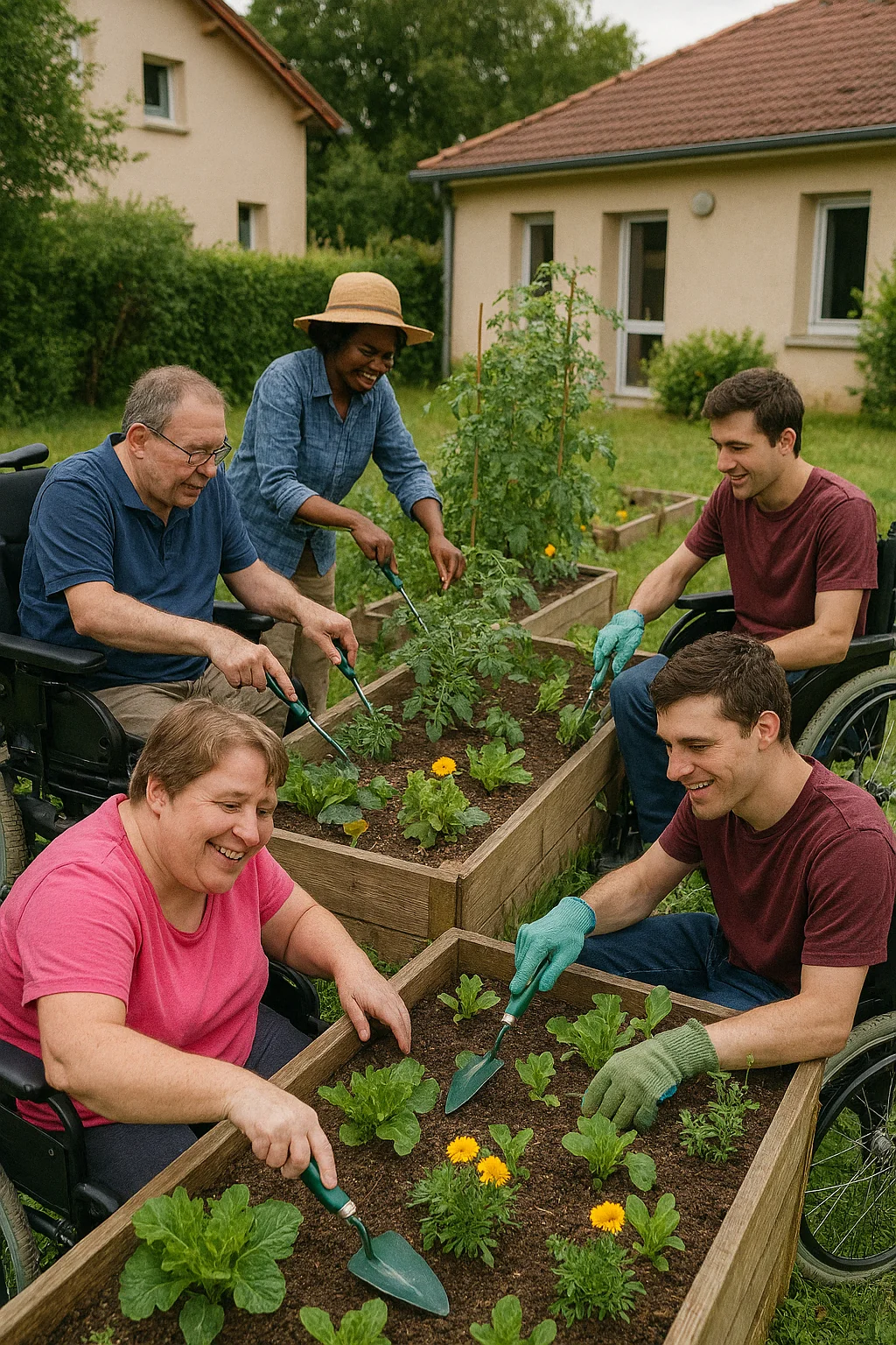 Résidents dans le jardin du foyer de vie